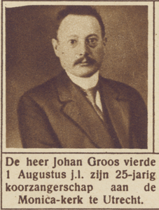 870153 Portret van Johan Groos te Utrecht, die 25 jaar koorzanger is in de St.-Monicakerk (Herenweg) te Utrecht.